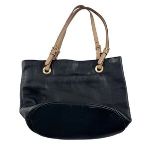 Michael Kors Black Leather Tote Bag With Tan Straps